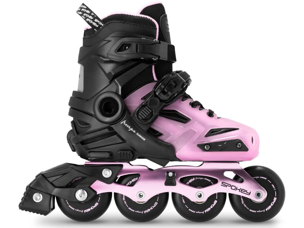Łyżworolki SPOKEY Freespo Junior 994626 (rozmiar 27-30) jedna łyżworolka na białym tle widoczna z boku łożyska ABEC-7 Carbon płynny obrót kółek i dynamiczna jazda dziecko może jeździć dłużej bez konieczności częstego odpychania się lepsza płynność ruchu