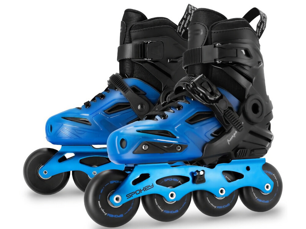 Łyżworolki SPOKEY Freespo Junior 944624 (rozmiar 27-30) łyżworolki na białym tle widoczne od przodu lekko z boku aktywność jazda na łyżworolkach zabawa pasja hobby