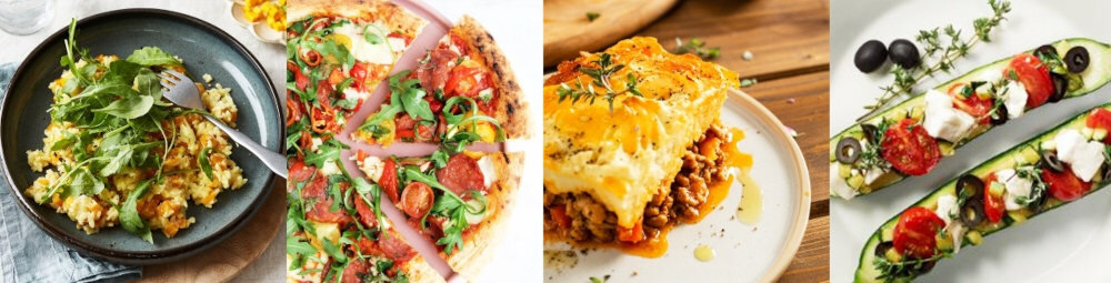 Cztery różne dania: jajecznica z rukolą na czarnym talerzu, pizza z warzywami i ziołami, zapiekanka z mięsem i serem oraz faszerowane cukinie z pomidorami i oliwkami.