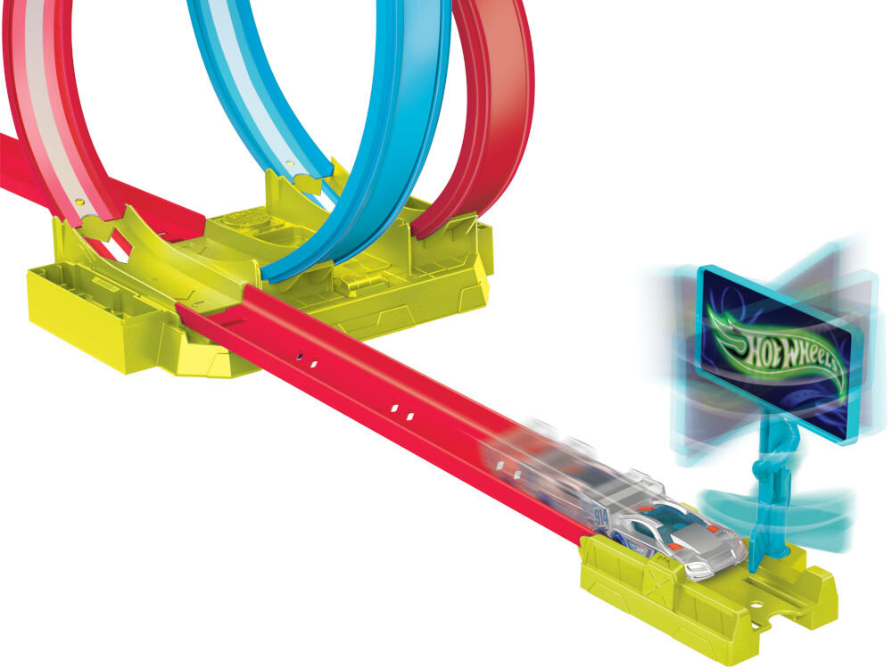 Tor Hot Wheels Neon Speeders Superpętla HPC05 dwie pętle prosty odcinek do mety billbord na mecie samochodzik w skali 1:64