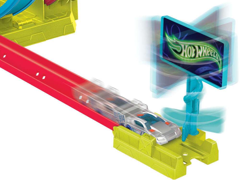 Tor Hot Wheels Neon Speeders Superpętla HPC05 zbliżenie na metę prosty odcinek billbord kręcący się znak możliwość łączenia z innymi torami