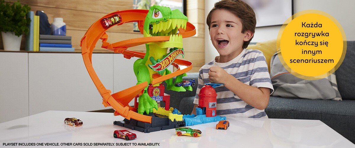 Zdjęcia zestawu Hot Wheels Pętla T-Rexa, przybliżenia na tor.