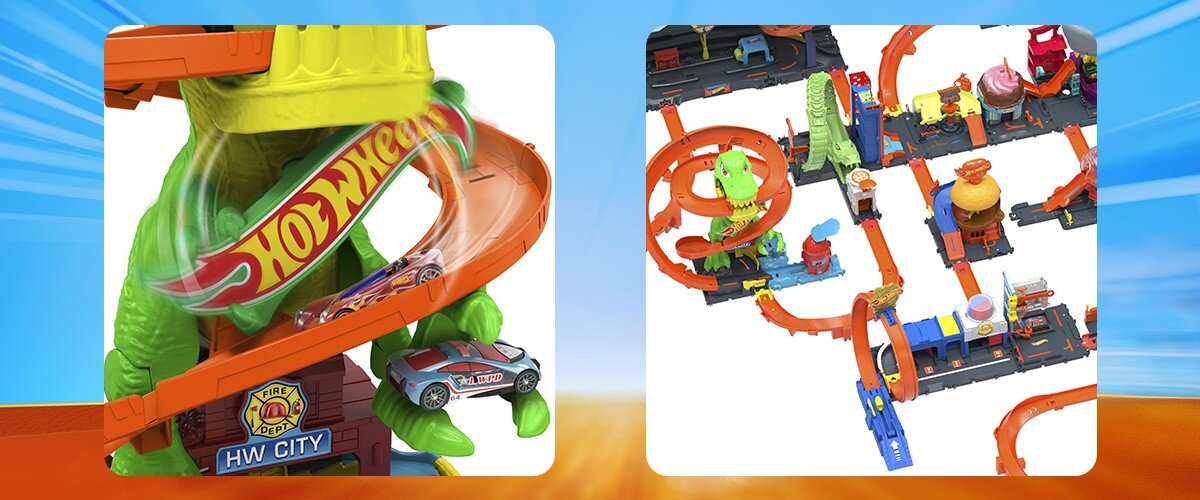 Grafika ukazująca jeżdzące samochody Hot Wheels, w prawym - dolnym rogu widoczny jest napis 'Zabawa pozostaje dynamiczna i pełna akcji'.