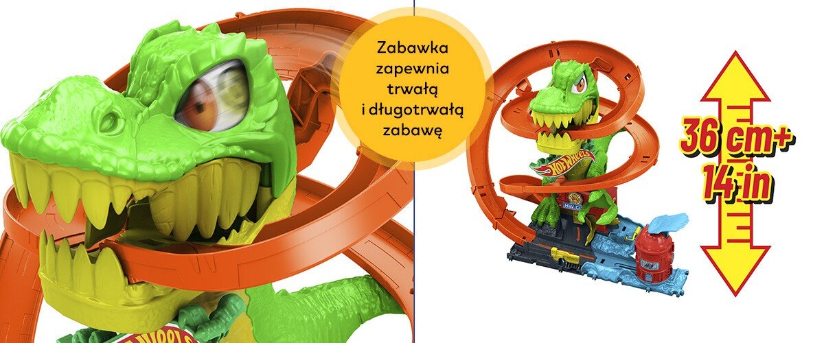 Zdjęcie opakowania i zestawu zabawki Hot Wheels pętla T-Rexa.