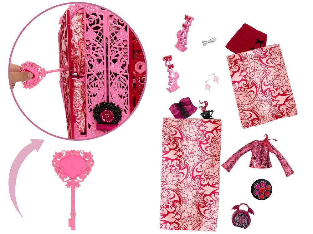 Lalka MONSTER HIGH Straszysekrety Draculaura HYT72 otwieranie szafy kluczykiem buty gorset bluzka torebka akcesoria ubrania niespodzianki ukryte z lalką