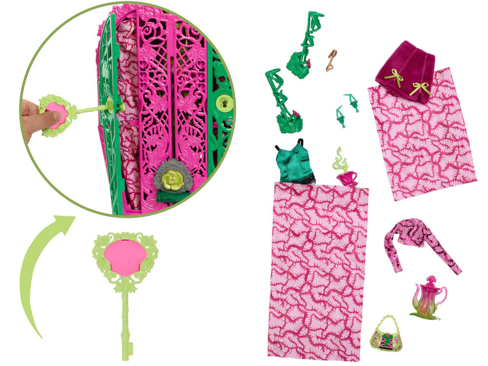 Lalka MONSTER HIGH Straszysekrety Venus McFlytrap HYT75 otwieranie szafy kluczykiem buty gorset bluzka torebka akcesoria ubrania niespodzianki ukryte z lalką
