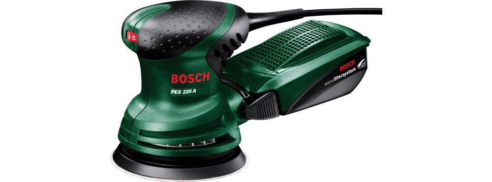 Szlifierka mimośrodowa BOSCH PEX 220 A do użytku domowego do szlifowania i polerowania współpracuje z tarczą o średnicy 125 mm mocowanie na rzepy silnik moc 220 W maksymalna prędkość obrotowa do 24000 obr/min moduł odsysania pyłu czysta i bezpyłowa praca ruch obrotowy ruch rotacyjny bardzo wysokiej jakości szlif wysoka wydajność doskonała efektywności polerowania