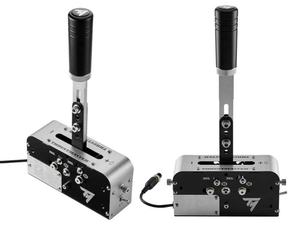 Kontroler THRUSTMASTER TSSH Skrzynia biegów i hamulec ręczny Srebrno-czarny prezentacja urządzenia od frontu i boku na białym tle