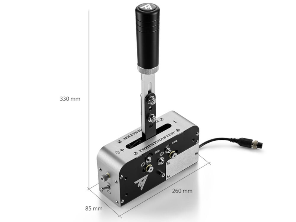 Kontroler THRUSTMASTER TSSH Skrzynia biegów i hamulec ręczny Srebrno-czarny prezentacja urządzenia od przodu pod kątem oraz jego wymiarów na białym tle dwa tryby działania hamulec ręczny dźwignia zmiany biegów solidna metalowa konstrukcja współpraca z PC i konsolami