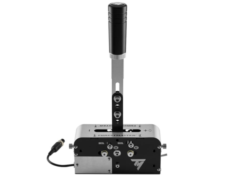 Kontroler THRUSTMASTER TSSH Skrzynia biegów i hamulec ręczny Srebrno-czarny prezentacja urządzenia od boku na białym tle dwa ustawienia pozycji pionowa Rally pozioma GT