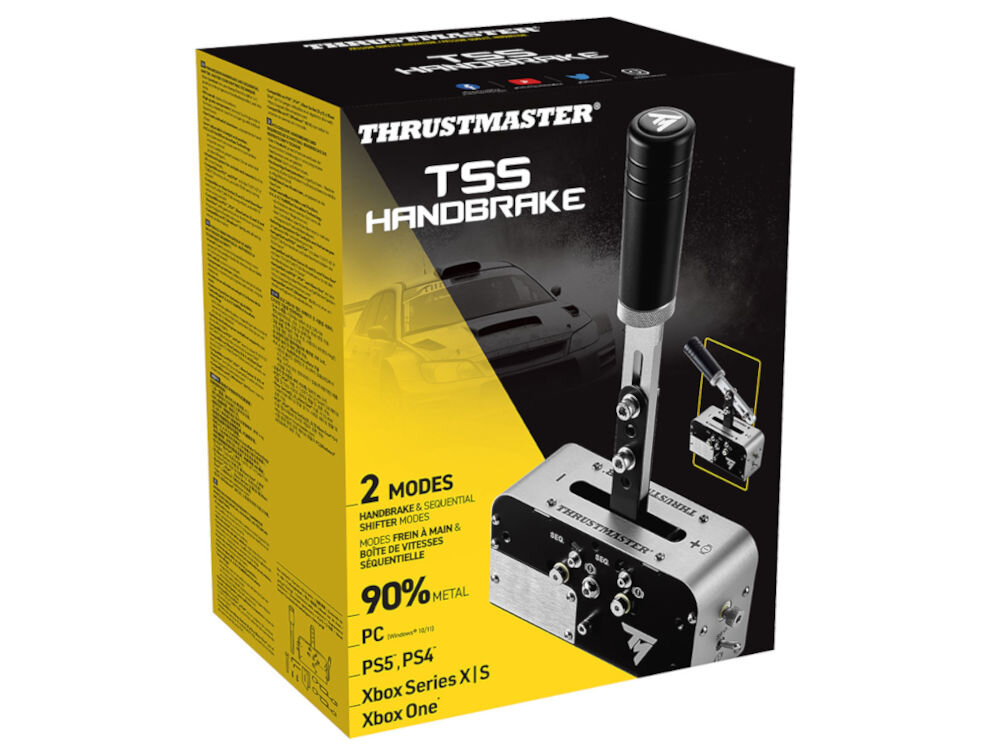 Kontroler THRUSTMASTER TSSH Skrzynia biegów i hamulec ręczny Srebrno-czarny prezentacja opakowania na białym tle 90% metal stal i aluminium łożyska ślizgowe sprężyny spiralne klasy przemysłowej o oporze 4 kg