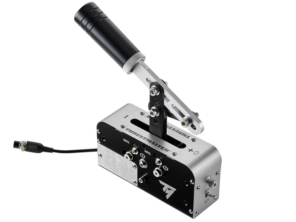 Kontroler THRUSTMASTER TSSH Skrzynia biegów i hamulec ręczny Srebrno-czarny prezentacja urządzenia na białym tle technologia H.E.A.R.T bezstykowe czujniki magnetyczne eliminacja zużycia mechanicznego płynne działanie