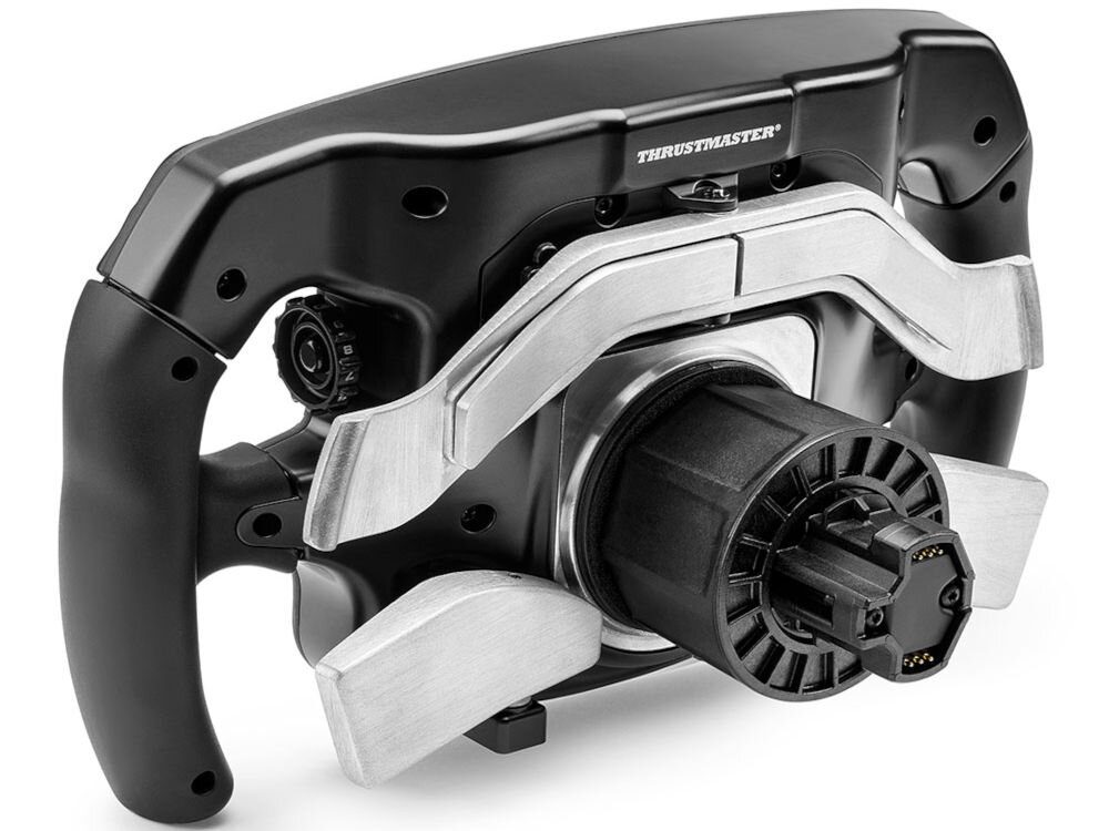 Zestaw THRUSTMASTER Dual Quick Release Adapter Duo do T818 prezentacja adapeta podpiętego na kierownicy na białym tle
