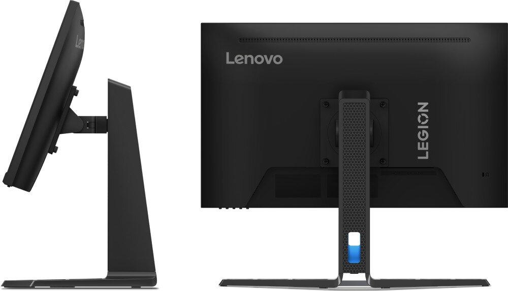 Monitor LENOVO Legion R24e Widok monitora z boku oraz od tyłu. Ekran jest pochylony, ukazując możliwość regulacji kąta nachylenia. Na tylnej obudowie znajdują się otwory wentylacyjne oraz logo producenta, podstawa, regulacja, nachylenie, mocowanie VESA