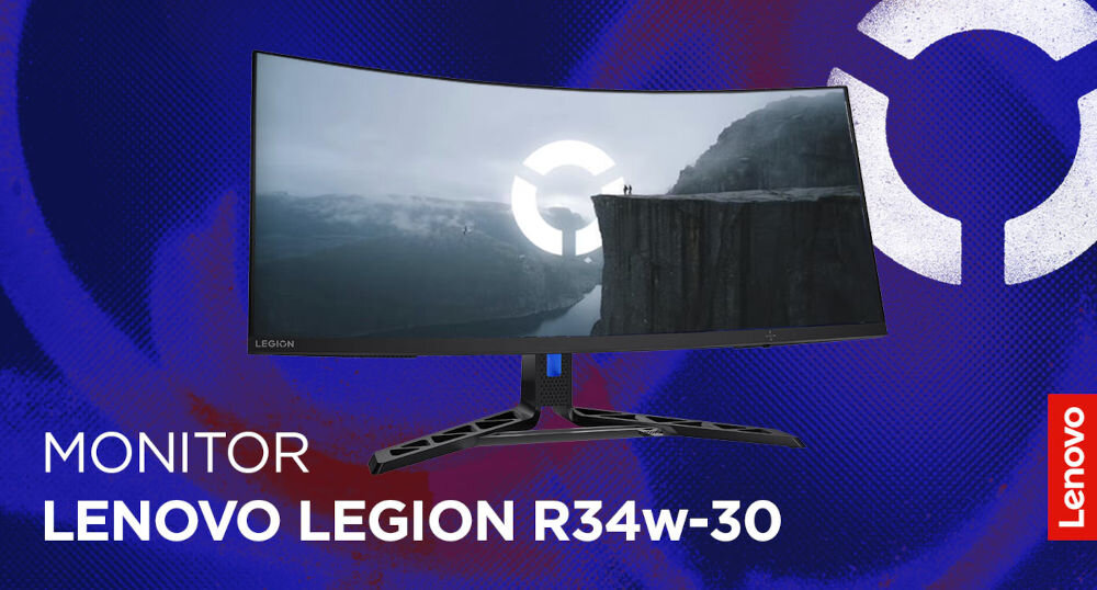 Monitor LENOVO Legion R34w-30 34 cali 3440x1440px 180Hz 0.5ms [MPRT] Curved prezentacja monitora na niebiesko-czerwonym tle z napisem modelu monitora