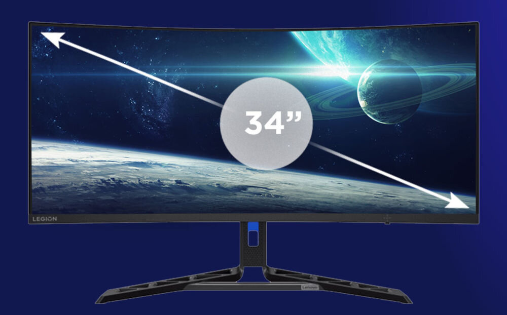Monitor LENOVO Legion R34w-30 34 cali 3440x1440px 180Hz 0.5ms [MPRT] Curved prezentacja monitora i jego przekątnej na granatowym tle 34 cale panel VA konstrukcja NearEdgeless szeroka przestrzeń robocza minimalne ramki proporcje ekranu 21:9 panoramiczny czytelny obraz wygoda praca rozrywka