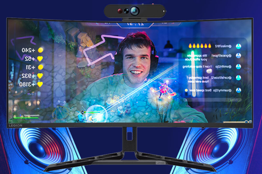 Monitor LENOVO Legion R34w-30 34 cali 3440x1440px 180Hz 0.5ms [MPRT] Curved prezentacja monitora podczas grania w gre podłączona kamerka i mężczyzna na ekranie wbudowane głośniki 3 W obsługa kamery modułowej