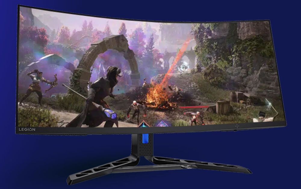 Monitor LENOVO Legion R34w-30 34 cali 3440x1440px 180Hz 0.5ms [MPRT] Curved prezentacja monitora z włączoną grą na ekranie na granatowym tle 99% sRGB 90% DCI‑P3 HDR10 opcjonalna technologia AMD FreeSync™ Premium szeroki zakres tonalny realistyczne i spójne wrażenia