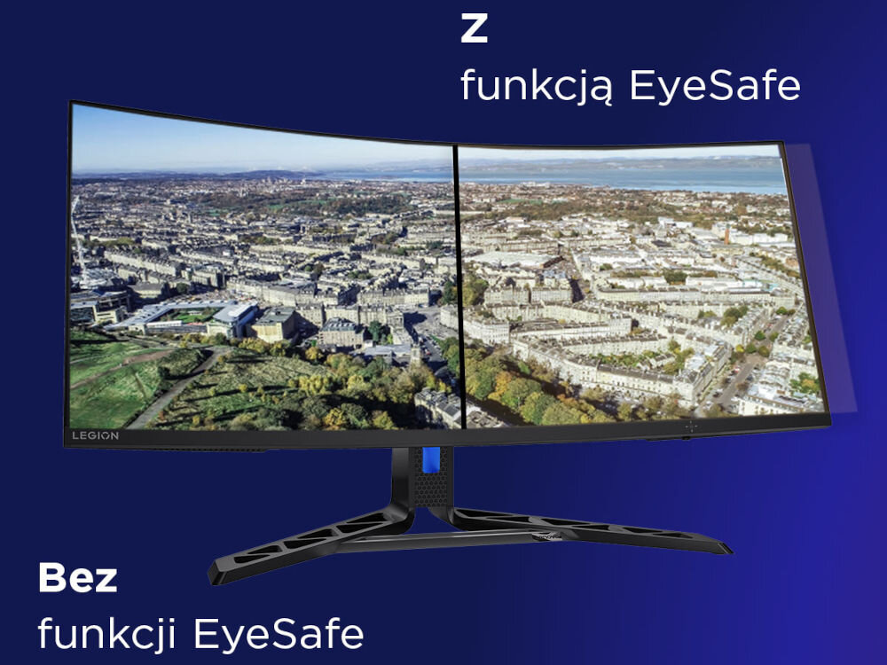 Monitor LENOVO Legion R34w-30 34 cali 3440x1440px 180Hz 0.5ms [MPRT] Curved prezentacja monitora na granatowym tle porównanie obrazu z EyeSafe 2.0 i bez ograniczenie emisji światła niebieskiego redukcja zmęczenia wzroku