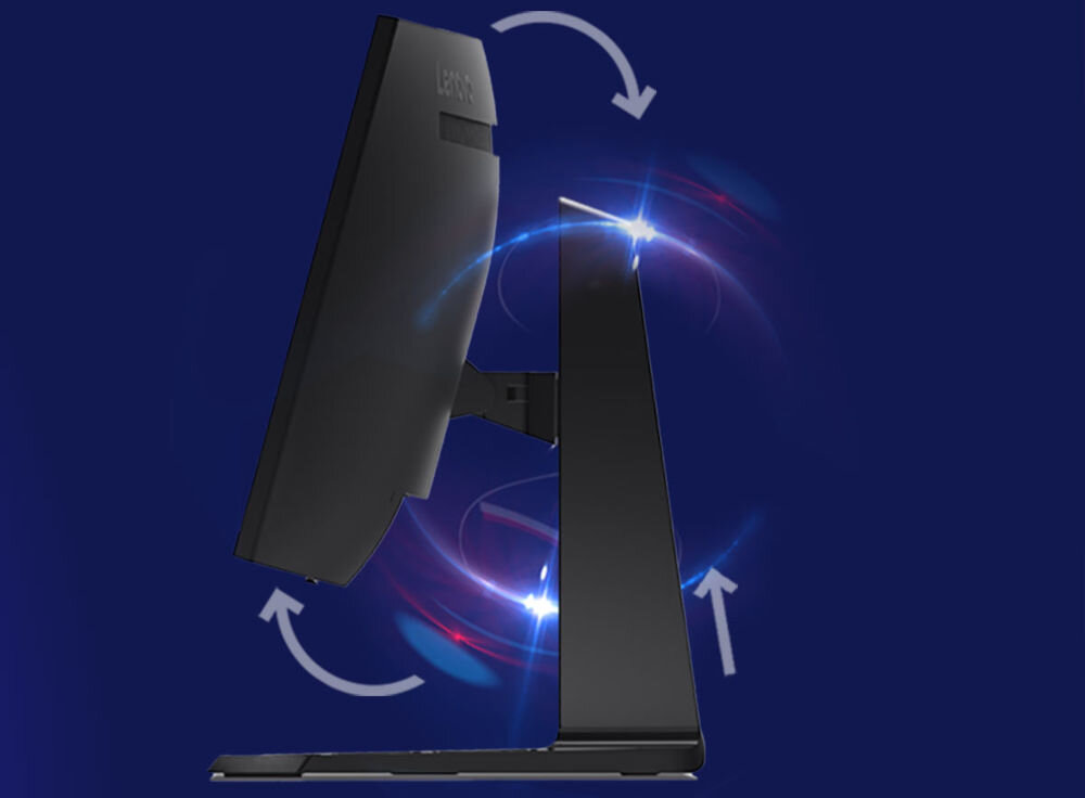 Monitor LENOVO Legion R34w-30 34 cali 3440x1440px 180Hz 0.5ms [MPRT] Curved prezentacja monitora od boku i pokazanie możliwości regulacji nachylenia kąt nachylenia od ‑5° do 22° obrót w zakresie ‑30° / 30° regulacja wysokości do 135 mm standard VESA