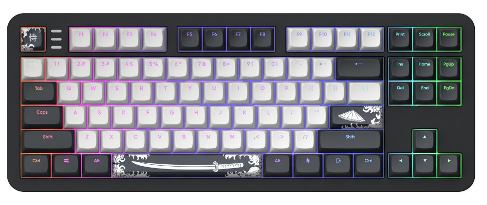 DARK PROJECT Alu Bushido pełne podświetlenie klawiszy łatwiej zlokalizować klawisze - klawiatura od góry na białym tle z podświetleniem rgb