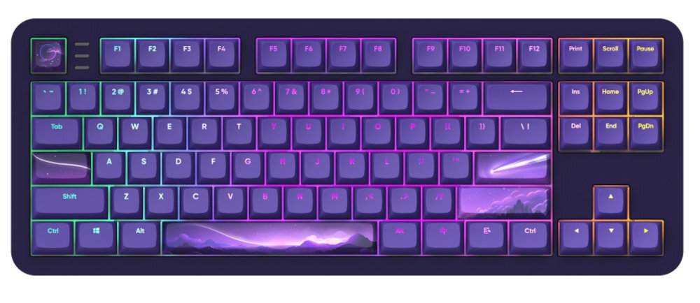 DARK PROJECT Alu Celestial pełne podświetlenie klawiszy łatwiej zlokalizować klawisze - klawiatura od góry na białym tle z podświetleniem rgb