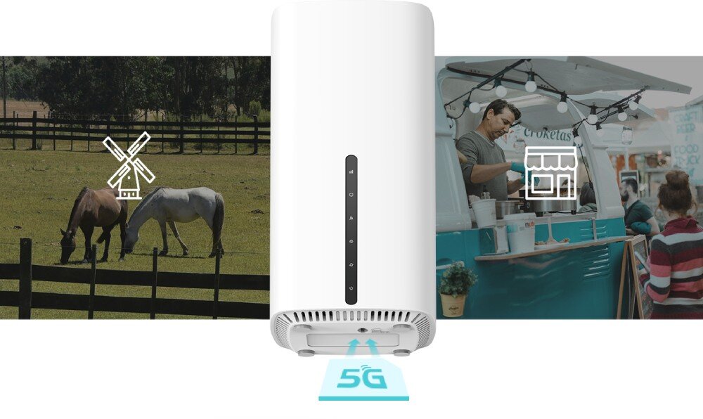 Router TP-LINK Archer NX210 5G Grafika przedstawia biały router z ikonami ilustrującymi jego zastosowanie w różnych miejscach, takich jak wiejska farma i mobilny punkt gastronomiczny, konfiguracja, karta Nano SIM, zastosowanie
