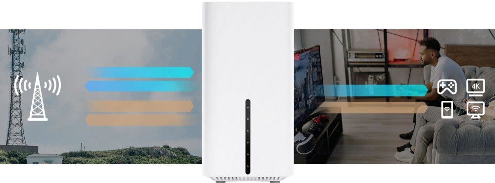 Router TP-LINK Archer NX210 5G Grafika prezentuje router na tle wieży telekomunikacyjnej oraz mężczyznę grającego na konsoli w salonie, z symbolami sygnału Wi-Fi, gier i transmisji wideo w jakości 4K, Wi-Fi, pasma, prędkość, standard Wi-Fi 6