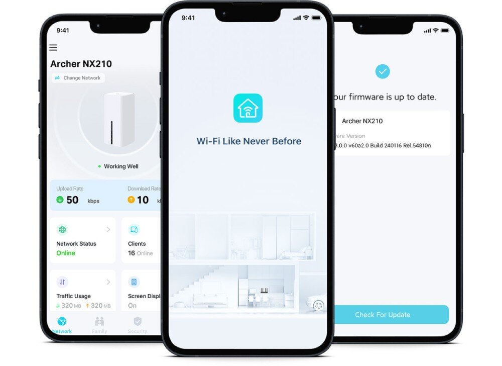 Router TP-LINK Archer NX210 5G Trzy smartfony z ekranami aplikacji do zarządzania routerem, prezentujące stan sieci, aktualizacje oprogramowania i konfigurację połączenia, ustawienia, obsługa, aplikacja, narzędzia