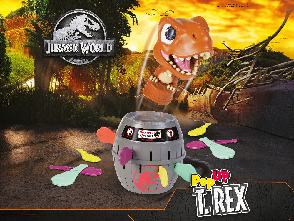 Gra zręcznościowa TOMY Jurassic World T-Rex T73290 Akcja gry Pop Up T-Rex na tle tropikalnej dżungli Jurassic World: figurka T-Rexa wyskakuje z szarej beczki.