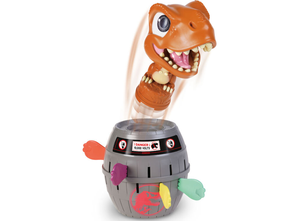 Gra zręcznościowa TOMY Jurassic World T-Rex T73290 Figurka T-Rexa wyskakuje z szarej beczki z kolorowymi mieczami w otworach. Beczka oznaczona jest naklejką 