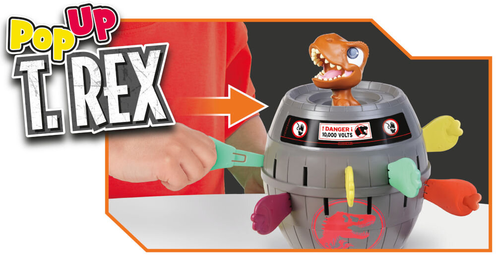 Gra zręcznościowa TOMY Jurassic World T-Rex T73290 Ręka gracza wciska kolorowy miecz do beczki w grze Pop Up T-Rex, tuż przed wyskoczeniem figurki T-Rexa.