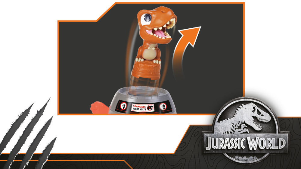 Gra zręcznościowa TOMY Jurassic World T-Rex T73290 Zbliżenie pokazujące mechanizm wyskakiwania figurki T-Rexa z beczki z napisem 