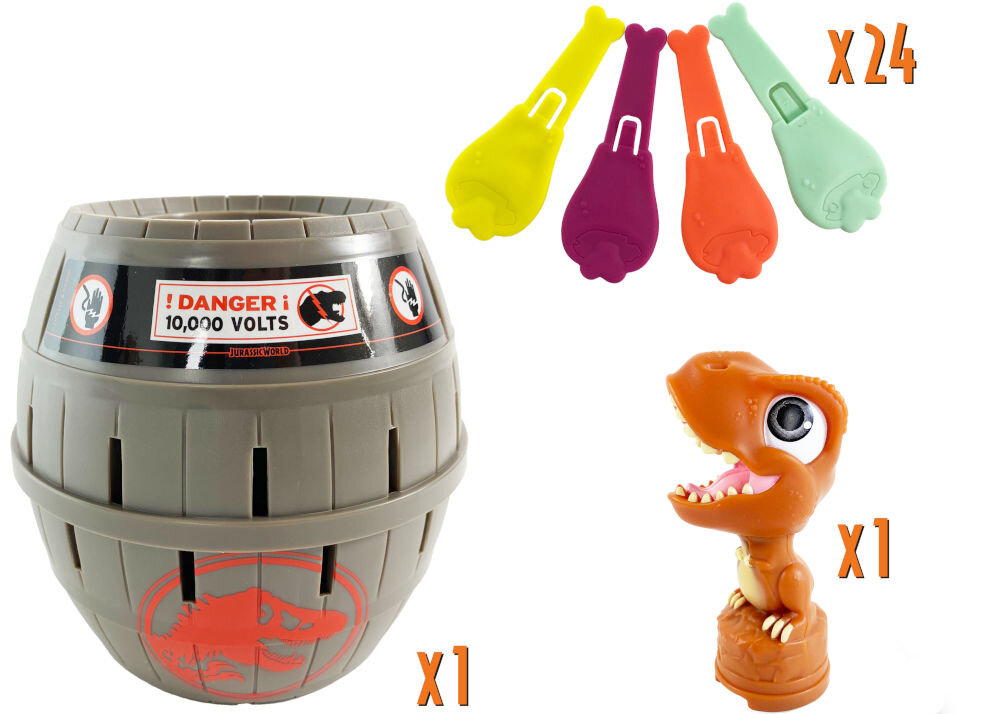Gra zręcznościowa TOMY Jurassic World T-Rex T73290 Zawartość gry Pop Up T-Rex: beczka, figurka T-Rexa i 24 kolorowe miecze/żetonów (żółty, fioletowy, pomarańczowy, zielony) z oznaczeniem ilości sztuk.