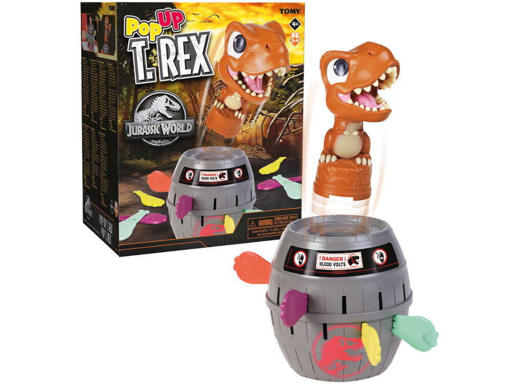 Gra zręcznościowa TOMY Jurassic World T-Rex T73290 Gra zręcznościowa Jurassic World Pop Up T-Rex (Tomy): beczka, figurka T-Rexa wyskakującego z beczki, i opakowanie kartonowe.