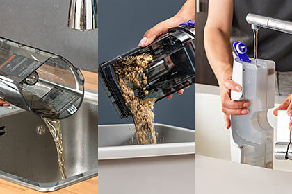 Obraz podzielony na 3 części: opróżnianie zbiornika z wody, zabrudzeń i napełnianie zbiornika pod bieżącą wodą.