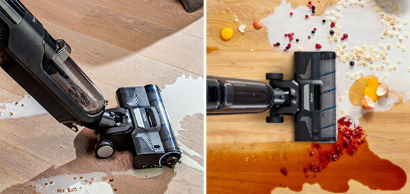 Odkurzacz TEFAL X-Clean 4  czyści drewnianą podłogę z mleka i rozbitych jajek.