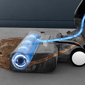 Przekrój odkurzacza TEFAL X-Clean 4, wałek podświetlony na niebiesko, niebieska linia pokazująca przepływ czystej wody.