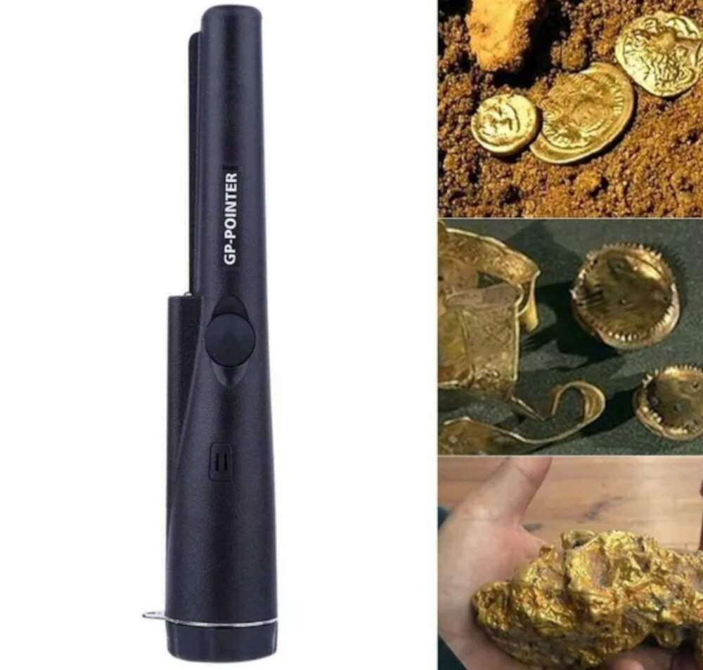 Wykrywacz metalu EXTRALINK GP-Pointer SA-980 Czarny wykrywacz na białym tle widok pionowy obok trzy zdjęcia pokazujące monety złoto i zarodek złota do precyzyjnych zadań wszechstronne zastosowanie poszukiwania skarbów