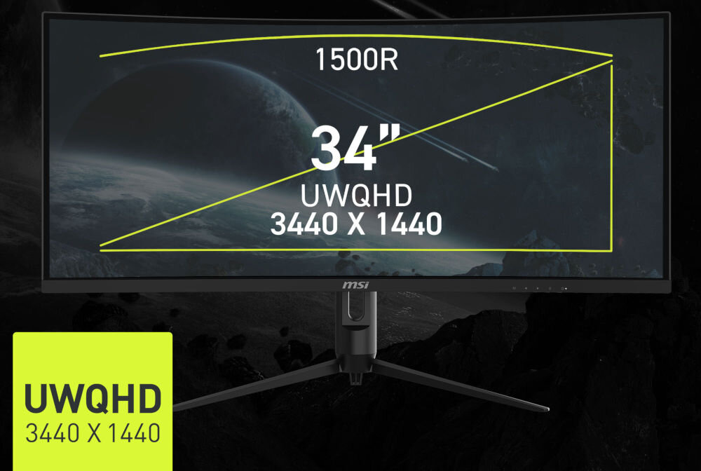 Monitor MSI Mag 342CQR E2 34 cale 3440x1440px 180Hz 1 ms [MPRT] Curved prezentacja monitora na galaktycznym tle rozmiar rozdzielczość 1500R zakrzywiony ekran UWQHD wsparcie wygody skupienie wzroku
