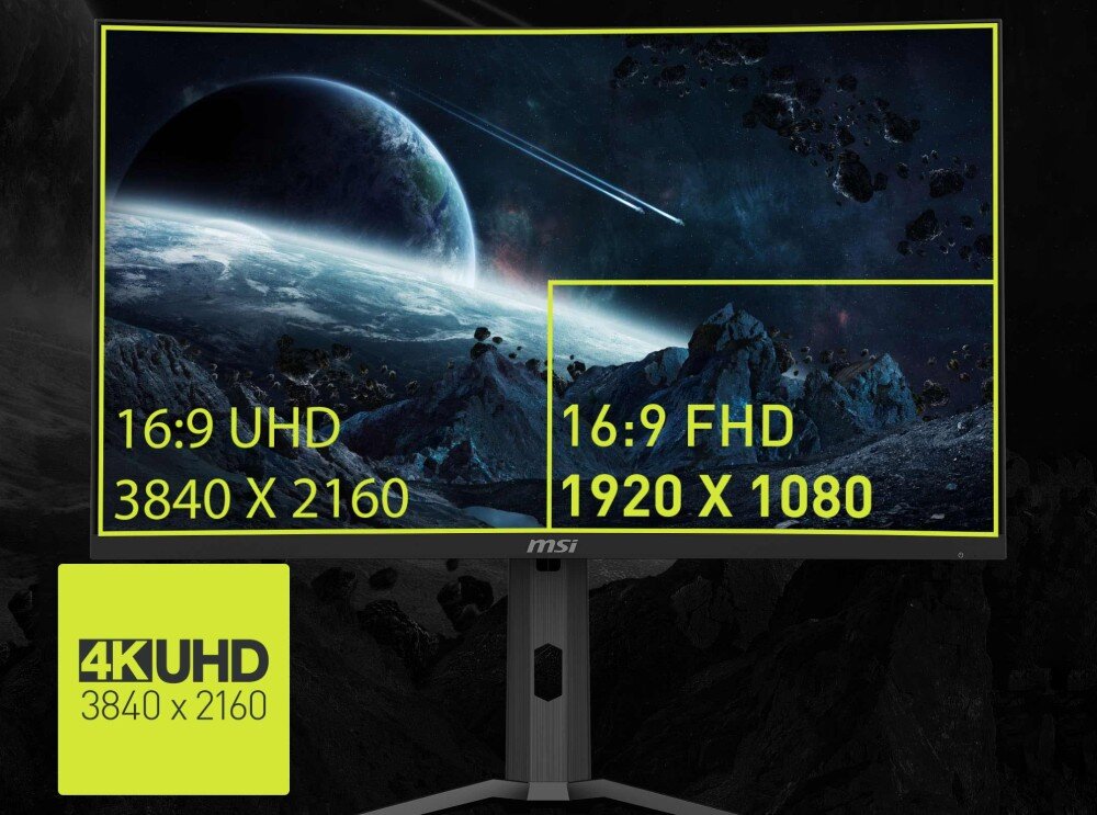 Monitor MSI MAG 321CUPDF Ekran z kosmosem podzielony na części z napisami '16:9 UHD 3840 X 2160' po lewej i '16:9 FHD 1920 X 1080' po prawej