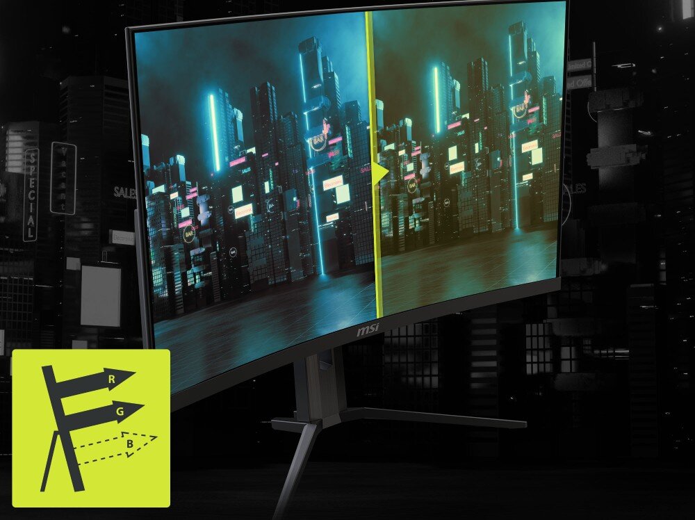 Monitor MSI MAG 321CUPDF Podzielony ekran z miastem, gdzie lewa strona ma żywe barwy a prawa jest przygaszona, na dole ikona z literami R G B