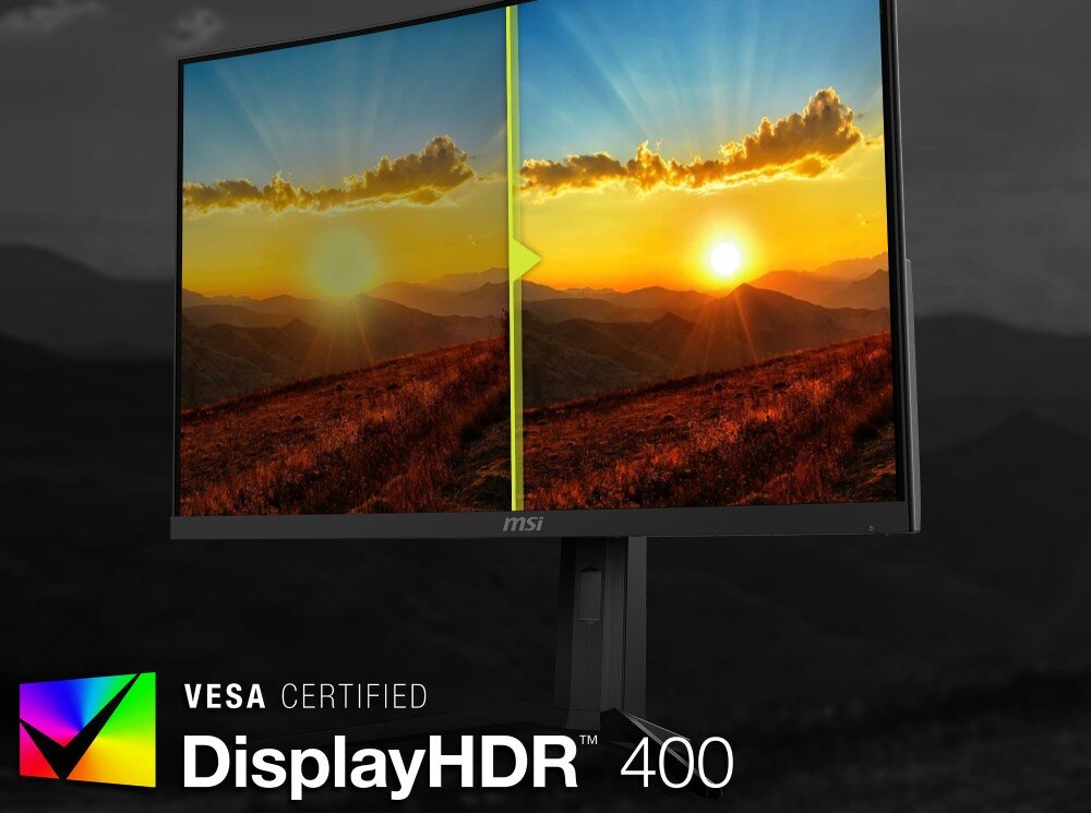 Monitor MSI MAG 321CUPDF Podzielony ekran z zachodem słońca z bardziej kontrastową prawą stroną oraz napisem 'VESA CERTIFIED DisplayHDR 400'