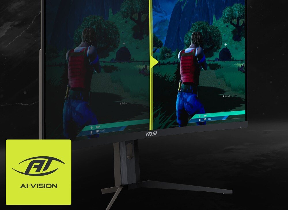 Monitor MSI MAG 321CUPDF Pionowo podzielony ekran z postacią z gry, gdzie prawa strona jest jaśniejsza, a w rogu widnieje napis 'AI-VISION'