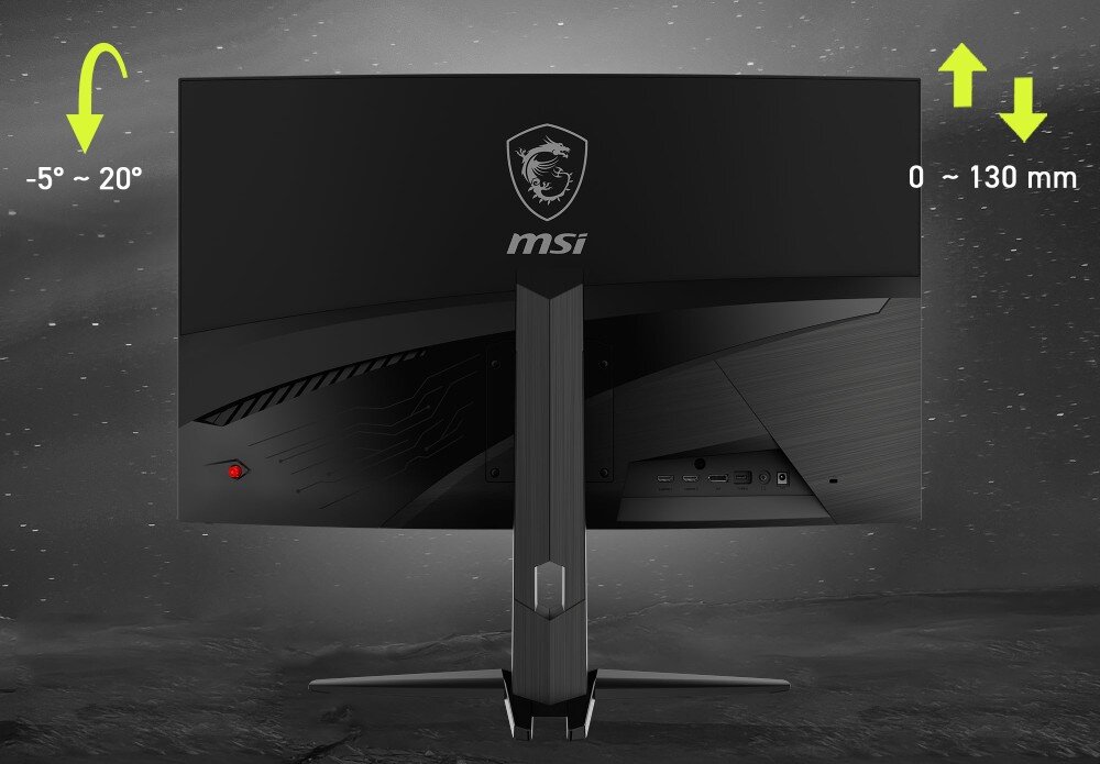 Monitor MSI MAG 321CUPDF Tył obudowy ze strzałkami wskazującymi regulację kąta nachylenia od -5 do 20 stopni oraz wysokości od 0 do 130 mm