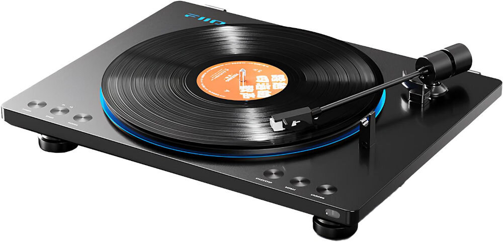 Gramofon FIIO TT13 BT podświetlenie LED efekty klimatyczne muzyka, gramofon po skosie na białym tle