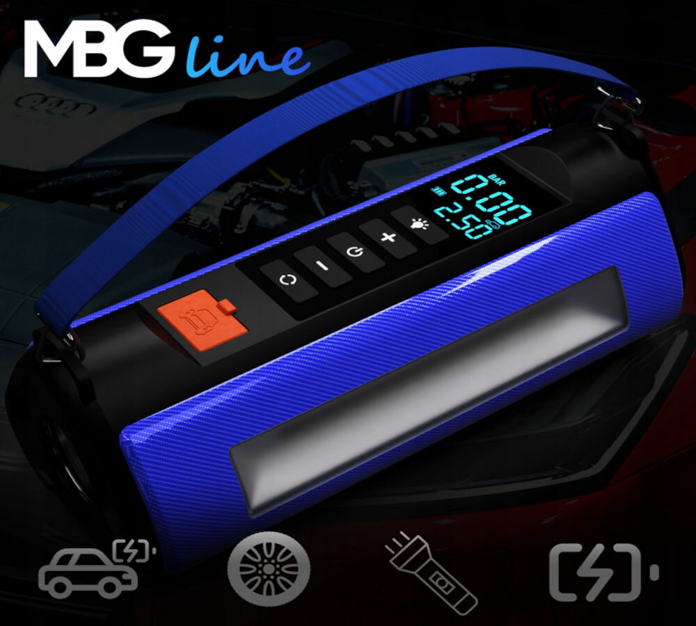 Kompresor samochodowy MBG LINE 840CH Pro, ładowanie, auto, kompresor, powerbank, na czarnym tle logo MBGLINE, kompresor oraz logotypy zalet produktu