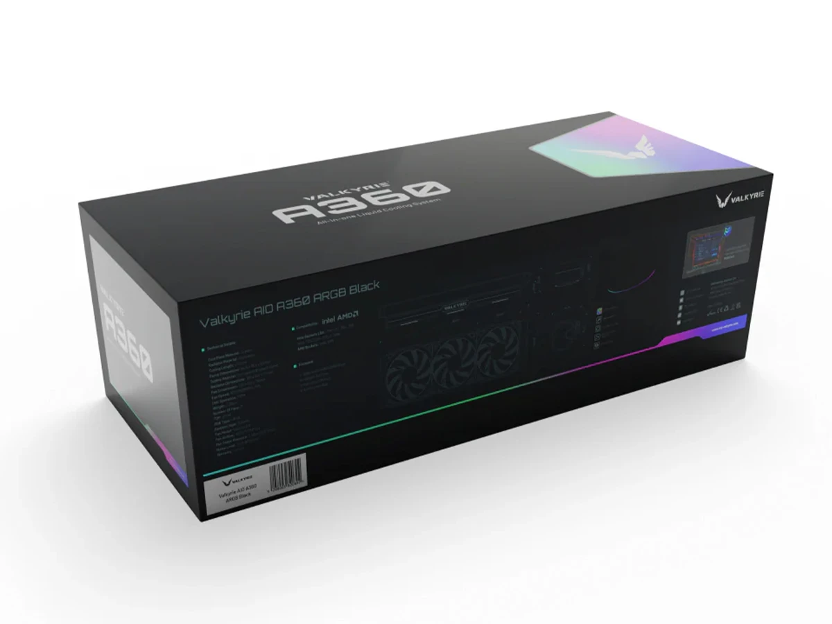 Czarne opakowanie produktu z napisem \'Valkyrie AIO A360 ARGB Black\' oraz logo Valkyrie. Na opakowaniu widoczne są specyfikacje techniczne i ilustracja chłodzenia wodnego.