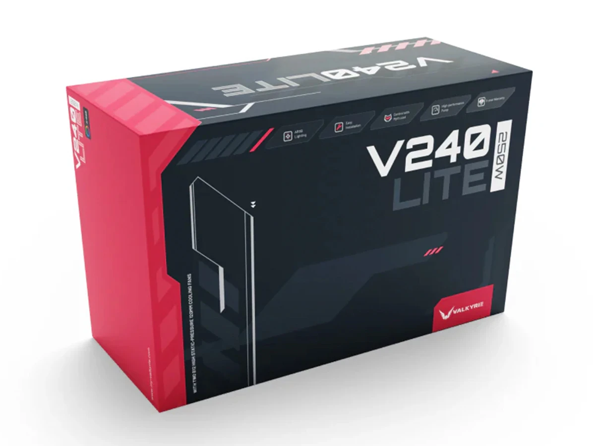 Opakowanie produktu z napisem \'V240 LITE 250W\' oraz logo \'VALKYRIE\' na ciemnym tle z czerwonymi akcentami.