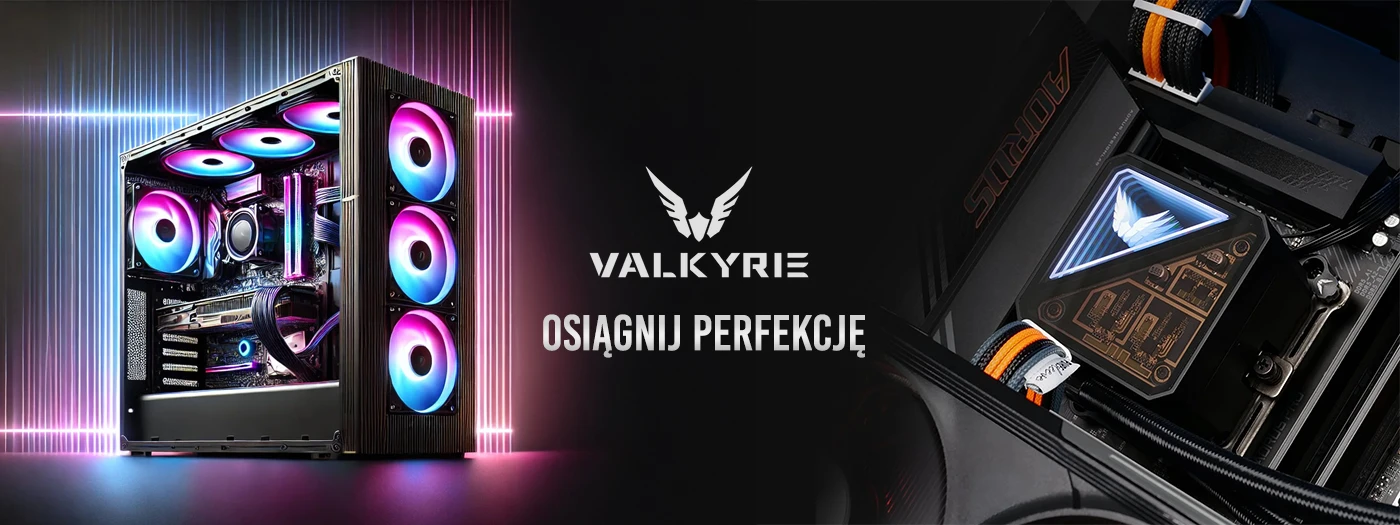 Obraz przedstawia komputer z podświetlanymi wentylatorami i komponentami w kolorach różowym i niebieskim. Pośrodku widnieje logo Valkyrie oraz napis \'Osiągnij perfekcję\'.
